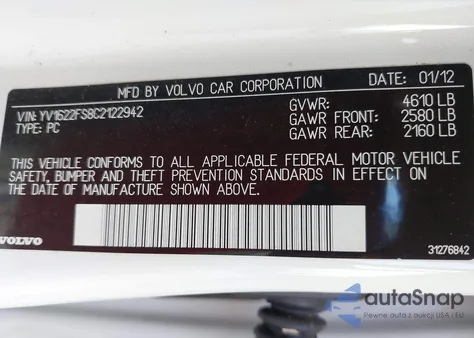 2012 Volvo S60 T5 z USA, uszkodzony, nr VIN YV1622FS8C2122942